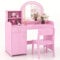 COSTWAY 2 in 1 Kinder Schminktisch Set, Frisertisch mit Hocker, LED-Leuchten, Spiegel, Schrank & Schublade, Kosmetiktisch Schminkkommde mädchen aus Holz für Kinder ab 3 Jahren (Rosa)