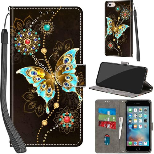 Haninsuze for iPhone 6s/6 4.7 Inch Case PU Leather Wallet Book Flip Folio Stand View Magnetic Multi-Pattern Cover compatible with iPhone 6s/6 Phone Case (Green Butterfly)