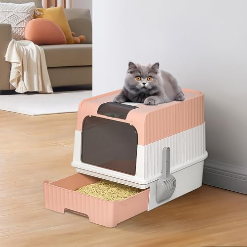 Caja de Arena para Gatos Plegable, Arenero Cubierto con Cajón e Inodoro para Mascotas con Entrada Superior - Medium 49 * 37 * 35cm - Rosa