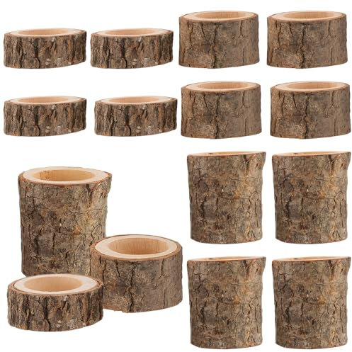 FUNSUEI 18 Stück Teelichthalter Holz, 3 Größen Kerzenhalter aus Holz, Kerzenleuchter Kerzenständer für Hochzeit, Party, Geburtstag, 5,5 x 2,5cm, 5,5 x 6cm, 6 x 7cm