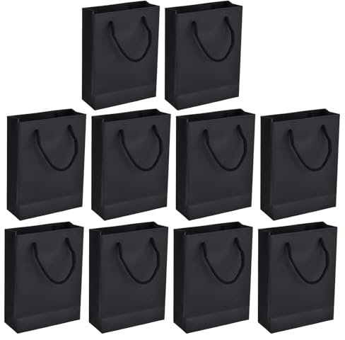 Amexo 10 Stück Kraftpapiertüte mit Henkel 15 x 6 x 20cm Geschenktüten Wiederverwendbare Papiertüten für Geburtstagsfeier Weihnachten Hochzeit (Schwarz)