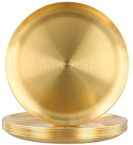 FUNSUEI Lot de 8 assiettes rondes en acier inoxydable doré de 26 cm - Plateau décoratif pour pâtisserie, servir, décoration