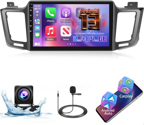 [2+64G] Android 13 Autoradio für Toyota RAV4 2013-2019 mit Drahtloses Carplay & Android Auto, 10.1 Zoll Touchscreen Autoradio mit WiFi, GPS, Spiegelnder Link, DSP, FM/RDS Radio + Rückfahrkamera