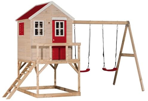 Wendi Toys M27R Spielhaus Kinder Outdoor mit Doppel-Schaukel und Plattform, 192 x 405 x 242 cm, Rot, FSC Holz, Spielplatz für Garten mit 2 Schaukel, wetterbeständiges Stelzenhaus, Kinder Kletterturm