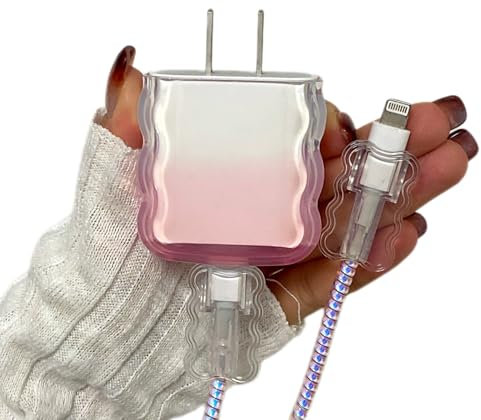 Cute Cable Protector for iPhone Charger,Classic Gradient Charging Cord Protector for Women Girl,Soft Wave Shape Charger Cover,Wire Cord Saver,Data Cable Saver for iPad iPhone12 13 14 15 16Pro Max-Pink