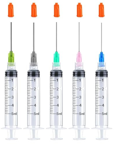 5Pack 5ml Ink Filling Syringe Luer Lock Plastic Syringes with Cap with Plastic 1.5'' 14Ga 16Ga 18Ga 20Ga 22Ga Blunt Needle Tip for Liquid Glue Oil Ink