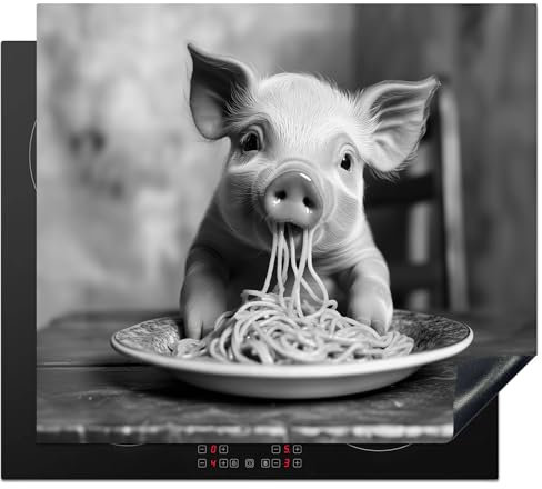 KitchenYeah© Herdabdeckplatte 60x52 cm Einteilig Ceranfeld Abdeckplatte für Induktionsschutz Ceranfeldabdeckung Vinyl Herdabdeckplatten Schwein - Spaghetti - Schwarz und Weiß - Tier