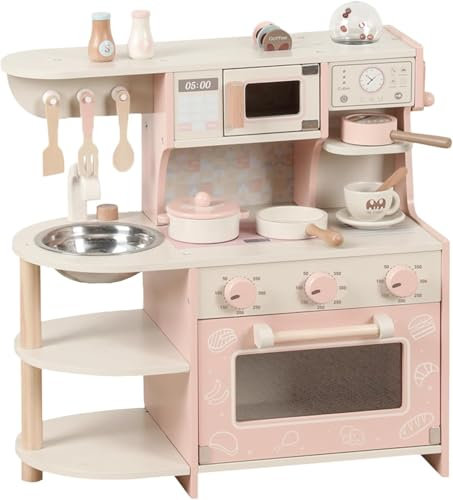 Wooden Play Kitchen for Kids, Faux Kitchen Play Set with Coffee Machine, Oven, Microwave, Pot Accessories, Game Sink, Mini Toy Kitchen Set, Comple Gift