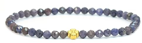 LAKADA Bracelet en pierres précieuses véritables avec perles facettées de 4 mm et fleur en acier inoxydable - différentes longueurs (Saphir, M - 18 CM)