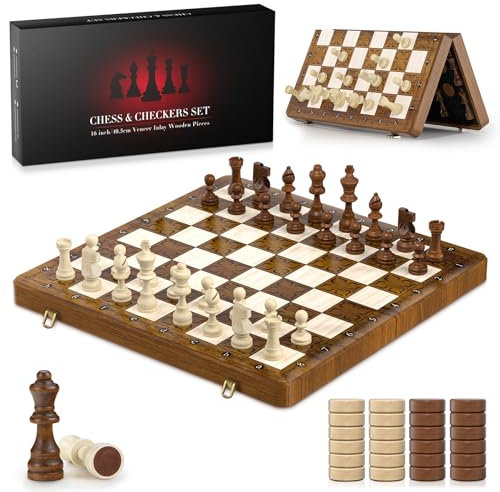 GPJ Magnetic Chess Set, 16 Inch Wooden Chess Board Game 2 IN 1 Chess and Draughts Set Foldable Travel Chess Set with 2 Extra Queens Traditional Strategy Game for Kids/Children/Adults