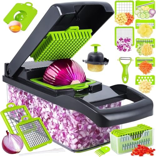 Vegetable Chopper and Dicer Set, 16-in-1 Manual Food Cutter with Collection Container, Black and Green