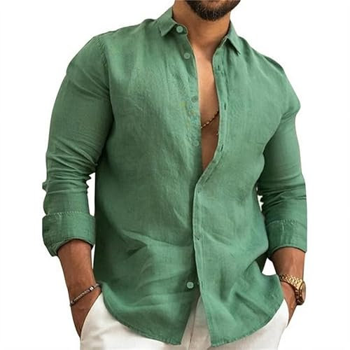 Litthing Uomo Camicia in Lino Manica Lunga,Camicie Estivi Leggeri Elegante Tinta Unita Risvolto Cotone con Bottoni Casual Camicia Hawaii Spiaggia