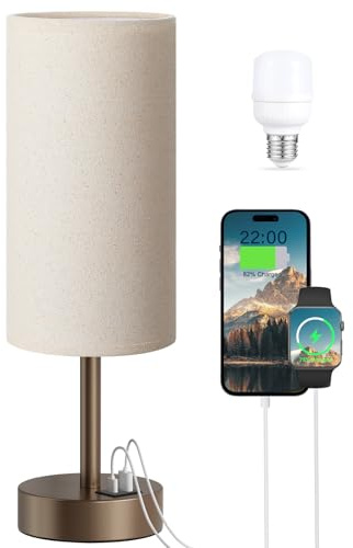Aooshine Touch Bedside Lamp, Dimmable Table Lamps for Bedroom | Brown Metal Base, Small Lamp, Fabric Shade for Kids Room, Study, Dorm, Office, Bulb Included