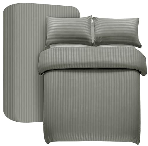 My home store Set di biancheria da letto matrimoniale, 4 pezzi, copripiumino a righe satinate, lenzuolo con angoli profondi 30 cm e 2 federe, in morbida microfibra spazzolata (antracite)