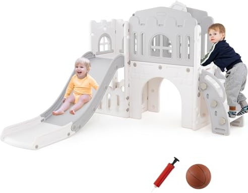 COSTWAY Kinder Rutsche, 9 in 1 Kinderrutsche mit Basketballkorb, Klettergerüst, Tunnel, Teleskop & Stauraum, Kinder Spielplatz, Indoor Outdoor, Kleinkinderrutsche ab 1 Jahre alt (Grau)