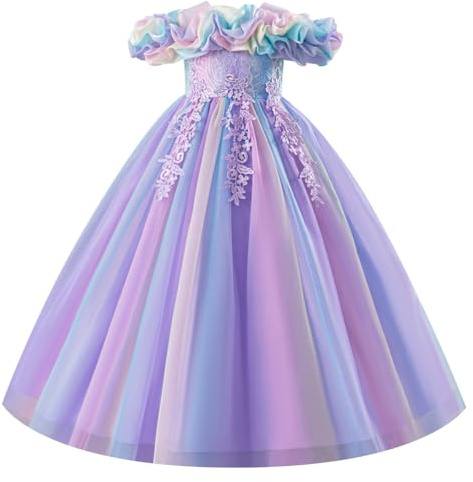 ABEHIK Girls Maxi Tulle Prom Dress Princess Gradient Ruffles Party Dress | Evening Holiday Dresses for Kids 3-13Year, Embroidery around the waist, Rainbow Colour Scheme