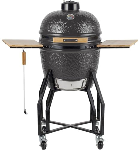 INTEC - Barbecue à Charbon de Bois Kamado Gris Céramique - 2 Zones de Cuisson Grill & Fumoir Ø 56cm - Barbecue Mobile 122.1 x 69.6 x 117.4cm