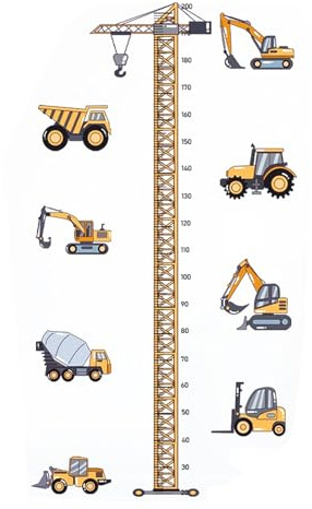 20-200 cm Wandtattoo Messlatte Kinder, Höhe Diagramm Wandaufkleber mit Skala, Wandtattoo Kinderzimmer, Height Wall Sticker, Baum Baufahrzeug Wandsticker Wandbild Wanddeko für Jungen und Mädchen