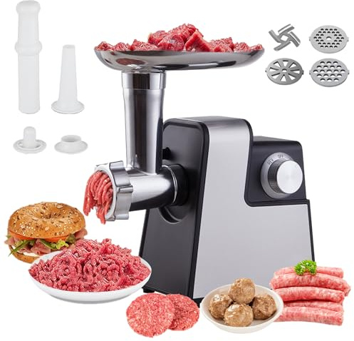 4-in-1 Electric Mincer, Complete with 3 Slicing Discs, A 4-Blade System, Sausage Stuffer and Meatball Maker, Ideal for Mincing Pork, Beef and Vegetables Such As Mushrooms.