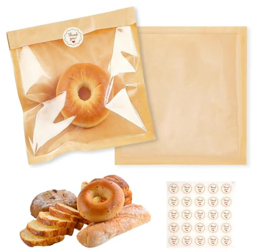 100 Stück Lebensmitteltüten mit fenster, 18 X 19 cm Braune Bäckereibeutel, Sandwich Bags mit Sticker, Kraft Paper Small Bread Bags,Fettdicht Speisetüten,Snack-Tüten für Burger, Pommes, To-Go Food