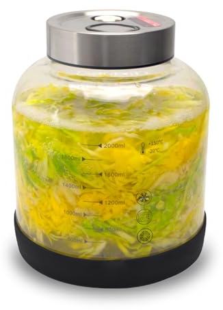 Fermentierglas 2 Liter mit Deckel 1 Stück Gärglas für Haushaltsfermenter | Doppelanschluss-Auslassventil Sauerkraut Fermentationsglas mit Präzisionswaage-Rutschfest Einmachglas für Gurken & Radieschen