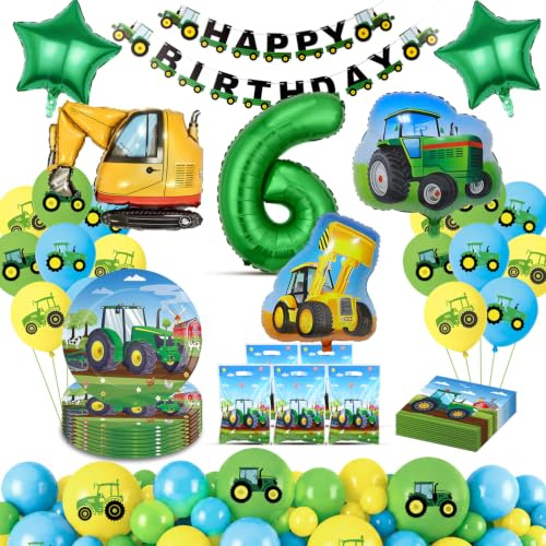 Fizdoqg Geburtstagsdeko Junge 6 Jahre Traktor Party Deko Trecker Geburtstag | mit Banner Luftballon Partygeschirr Servietten Geschenktüten für Party Deko, Kindergeburtstag Decorations