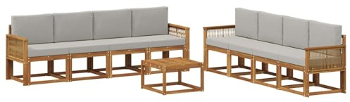 vidaXL Outdoor-Sofagarnitur 9 pcs Natürlich und Hellgrau Polyester, Moderner Garten-Sofaset, stilvolle Sitzgelegenheit, Akazie Holz Möbel, bequemer Lounge, wetterfest