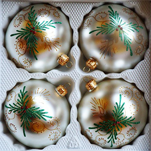 Matte Silberne Weihnachtskugeln aus Glas mit Gold-grün-Glitzernden Applikationen (Kerze, Tannenzweig) - Durchmesser 10 cm 4er Set