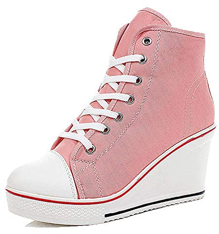 Qimaoo Chaussures Compensées en Toile pour Femme,Chaussures Montantes Basket de Loisir à Talon, Rose, 35 EU