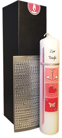 TAUFKERZE KOMMUNIONKERZE für Mädchen Rosa, Taufkerze Glaube Liebe Hoffnung - 300x60 mm, Zubehör zum selbstbeschriften dabei, mit Aufbewahrungskarton - Handarbeit, Wachsmotiv