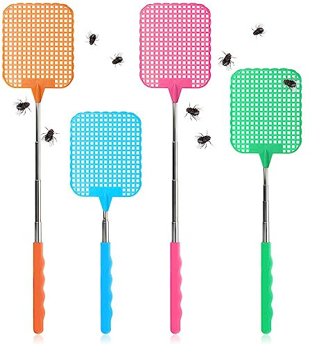 com-four® 4X Teleskop-Fliegenklatsche - Mückenschutz, ausziehbarer Stiel - Schädlingsbekämpfung Fliegenfänger - Insektenvernichtung ca. 27-72 cm [ Auswahl variiert] (04 Stück - farblich Sortiert V2)