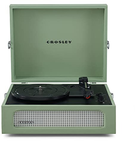 Crosley Voyager Giradischi con 2 altoparlanti, Bluetooth In & Out e AUX - Giradischi Vintage a 3 velocità - Per vinili da 7, 10 e 12 - Portatile con custodia integrata - Sage