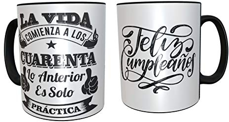 Taza de desayuno de Cerámica regalo original para 40 cumpleaños - regalos para hombres 40 años - regalos 40 cumpleaños mujer (Negro Español)