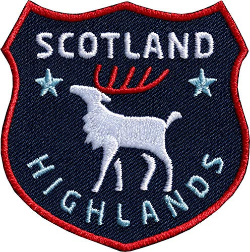2 x Schottland Highlands Patch 60 x 61 mm hochwertig gestickt/Aufbügler Aufnäher Flicken Bügel-Flicken zum bügeln Aufnähen auf Kleidung Cap Rucksack/Reiseführer England Irland Hirsch Great Britain