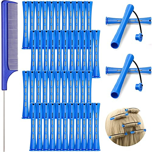 48 Stück Dauerwellenstäbe aus Kunststoff, Dauerwellenstäbe, Lockenwickler, Lockenwickler, Lockenwickler mit Stahlkamm, Rattenschwanzkamm für Friseur-Styling-Werkzeuge (blau, 0,9 cm)
