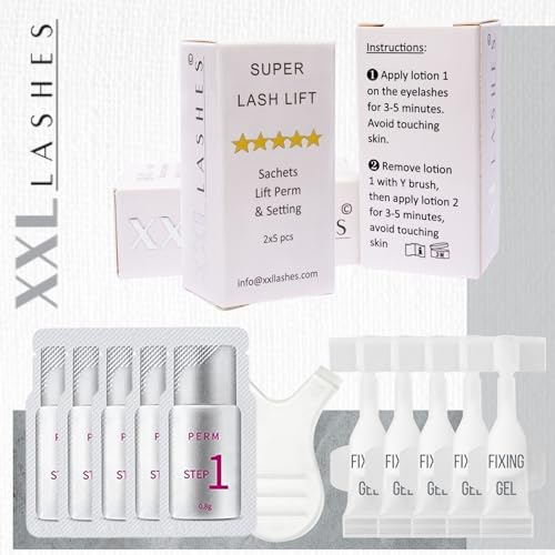 XXL Lashes 10 Einzeldosen Wimpern- u. Augenbrauen Lifting, 5 Perming Gel Sachets und 5 Fixing Lotion Minituben für Wimpernlifting, Wimpernwelle und Augenbrauen-Lifting, nur 2-5 Min. Einwirkzeit, vegan