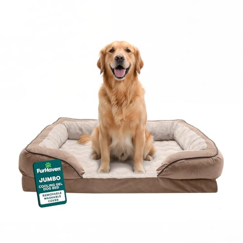 FurHaven Cooling Gel Dog Bed for Large Dogs, Perfect Comfort Sofa Bed, Cool Gel-Top Foam & Solid Orthopedic Foam Base for Joint Support, Removable Washable Cover, Jumbo XL, Plush & Velvet, Brownstone