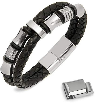 WOLFLOCK Lederarmband für Männer schwarz Magnetverschluss Edelstahl Armband Herren Tolles Geschenk für Männer DOUBLEBEAD 18cm