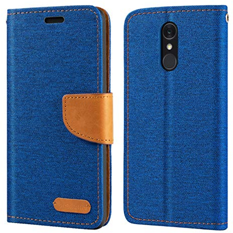 Oxford Stoff und PU Leder Flip Handyhülle Kompatibel mit LG Q7, Robuste Klapphülle mit Kartenfächern und Magnetverschluss (Blau)