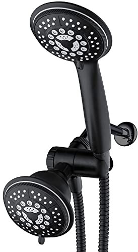 Hydroluxe 1763 Handheld Showerhead & Rain Shower Combo. High Pressure 24 Function 4 Face Dual 2 in 1 Shower Head System with Stainless Steel Hose, Patented 3-way Water Diverter in Matte Black