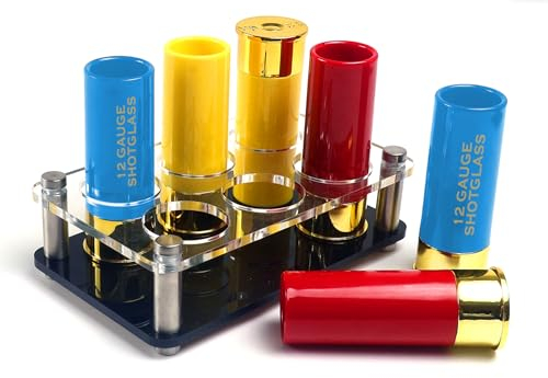 HUNTPAL 12 Gauge Shotgun Shell Shot Glass Set of 6 Red Shot Glasses with Acrylic Tray Holder Gift Box Blessing Cards, Cool Novelty Funny Gift Set Bar Party Decoration for Men Hunter Shooter
