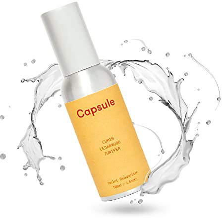 Capsule - Air Freshener Spray for Before and After Toilet Use, Potent Air Freshener for Home and Office Bathroom, In a Portable Toilet Spray Bottle, (Cumin, Juniper and Cedarwood Scent, 100ml)