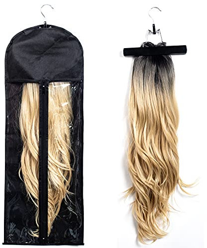 RJMBMUP Extra Long Hair Extension Holder Wig Storage Bag with Hanger Hairpieces Ponytail Bundles Storage Carrier Case for Store Style Hair Travel Hair Extensions Bag Black Color