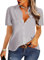 NONSAR Damen Bluse Elegant V-Ausschnitt Hemden Kurzarm Casual Arbeit Oberteile mit Knöpfen Hemd Lose Kurzarmshirt Einfarbig Tops (9349M, Grau)