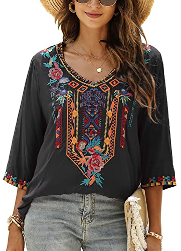 Vakakado Ropa Hippie para Mujer Blusa Bordada de Folclore Bohemio Túnica de Manga 3/4 con Cuello en V Top Informal de Verano(328,Negro,2XL)