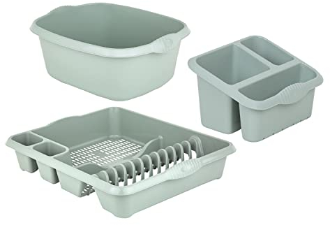 JMS we create smile Plastic Large Kitchen Sink Set of 3 Rectangular Washing Up Bowl, Sink Tidy and Large Dish Drainer (Silver Sage)