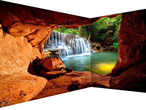 decomonkey Fototapete Landschaft 3D Effekt 550x250 cm Eckfototapete Design Tapete Fototapeten Tapeten Wandtapete moderne Wand Schlafzimmer Wohnzimmer Wasserfall Natur Berge Wald Sonne Felsenhöhle
