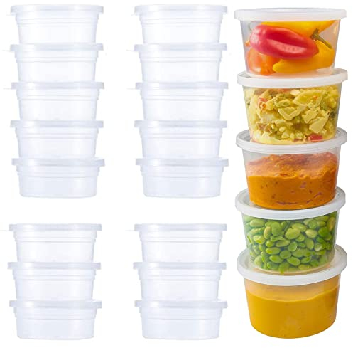 Menmamenma 50 Pack Small Containers with Lids for Storage Slime Containers Sauce Pots Plastic Leakproof Sauces Cups for Jars, Dips, Salads, Chutney, Restaurants, Takeaway, Catering (4oz/100ml)