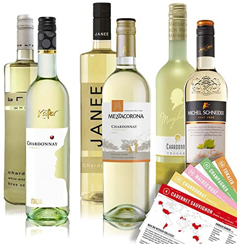 VINOX Chardonnay Probierpaket | trocken | Chardonnay Weisswein Mischpaket | 6 verschiedene Markenweine | mit VINOX Weinkarten vom Sommelier im (6x0,75 l) Weinpaket