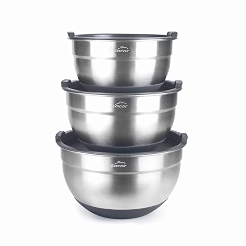 LACOR - 60050 - Set de 3 boles INOX, Cuencos, Ensaladeras, Recipientes para comida, Incluye Tapas, Apilables, Tamaños: 16 cm (1,5 L), 18 cm (2,2 L) y 20 cm (3 L)